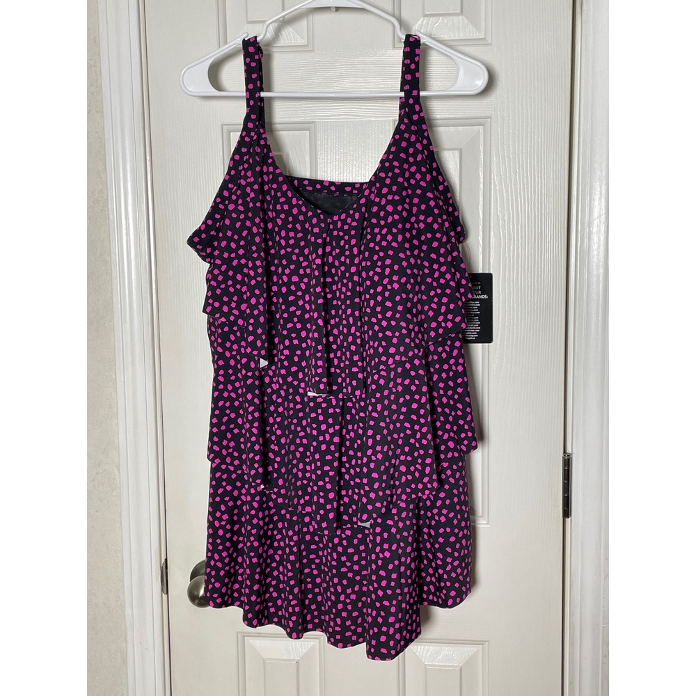 Swim365 Pink Black Abstract Dot Tiered Ruffle Tankini Top Plus Size 24 NEW